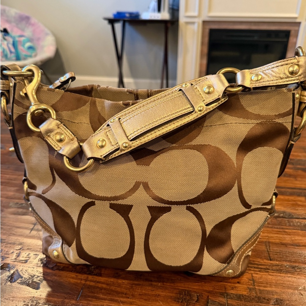Coach Khaki and Brown Signature Shoulder Bag with Gold Hardware